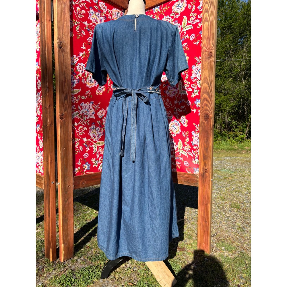 VTG 90's 100% Cotton Soft Denim Embroidered Western Prairie Maxi Dress Size L - Picture 3 of 16